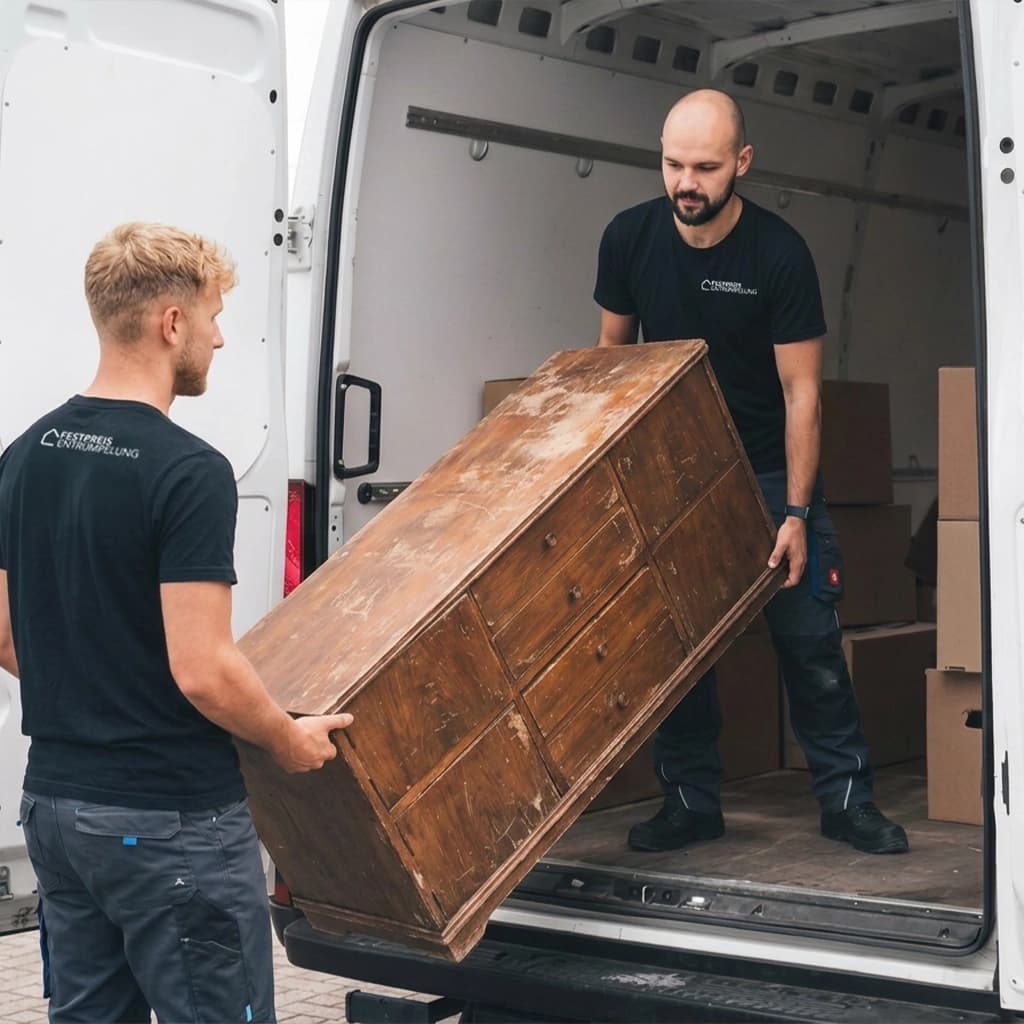 Team belädt eine Komode in den Transporter bei einer Entrümpelung in Dresden